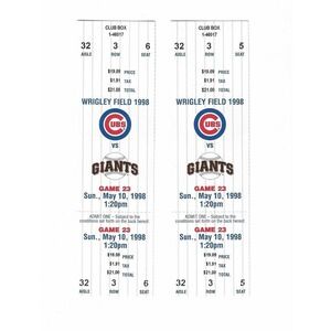 Chicago Cubs vs San Francisco Giants Unused Baseball Tickets from 5/10/1998